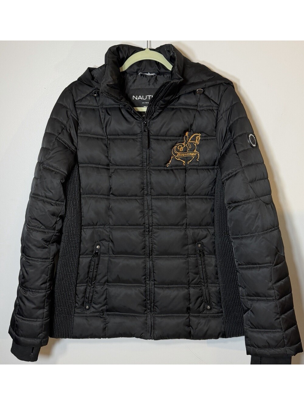 Nautica Women Puffer Jacket Large Black Quilted Knit Embroidered Dressage Horse